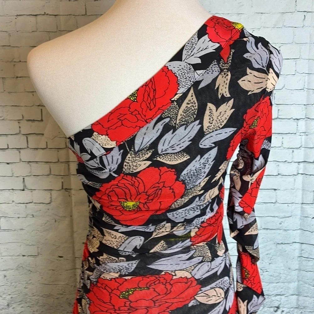 Diane Von Furstenburg Ruched One Sleeve Floral Mesh Dress Boswell Black 6 Sexy - Picture 10 of 16